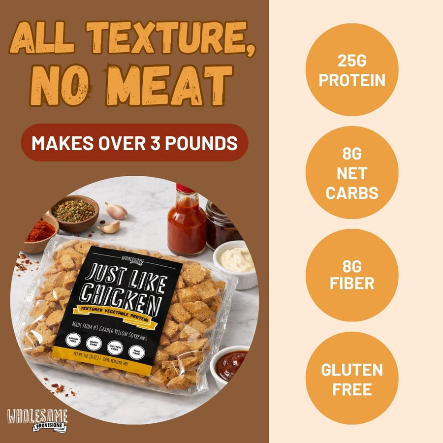 Just Like Chicken Vegan Soy Protein: protein and preparation feature graphic.