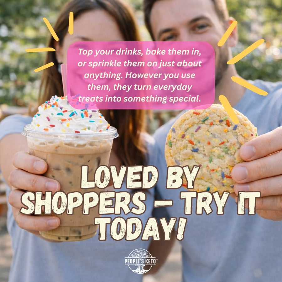 Rainbow Keto Sprinkles: people with decorated desserts and testimonial text.
