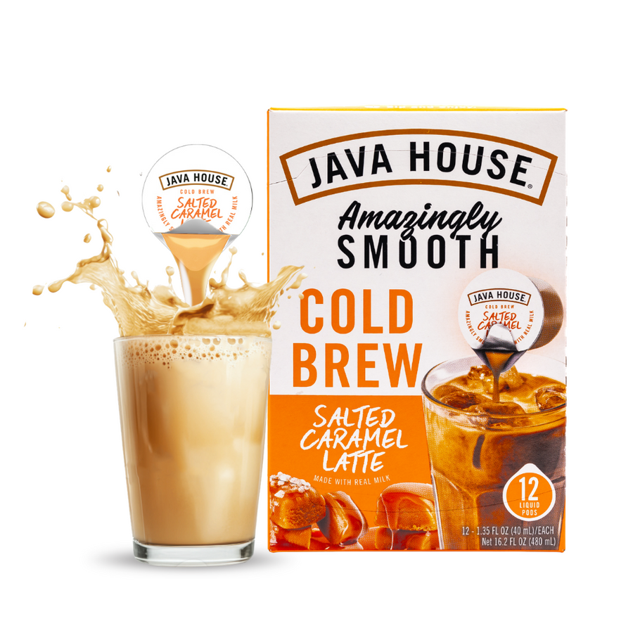 Salted Caramel latte carton and pod with iced drink