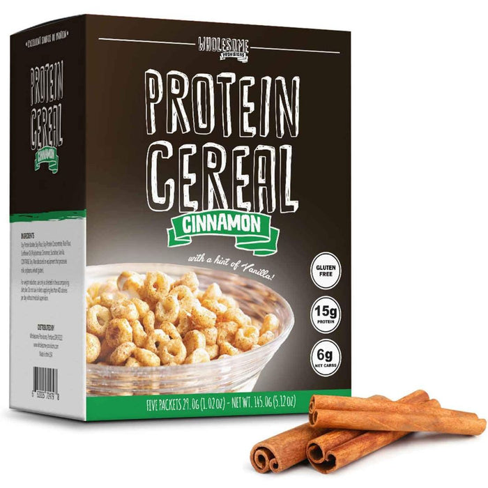 Cinnamon Protein Cereal: box with cinnamon cereal bowl.