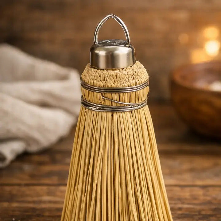 Close-up of the cake tester’s natural bristles, binding, and metal cap