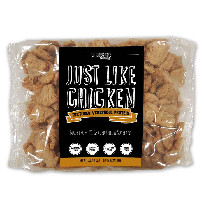 Just Like Chicken Vegan Soy Protein: sealed bag of dry soy protein pieces.