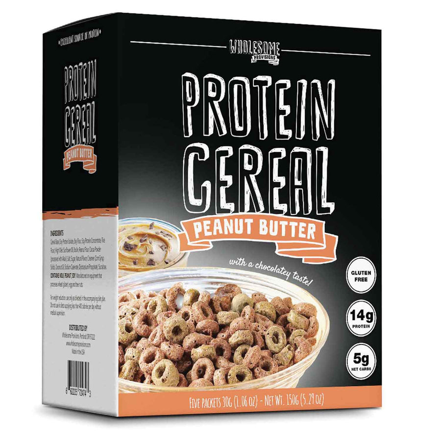 Peanut Butter Protein Cereal: box with peanut butter cereal bowl.