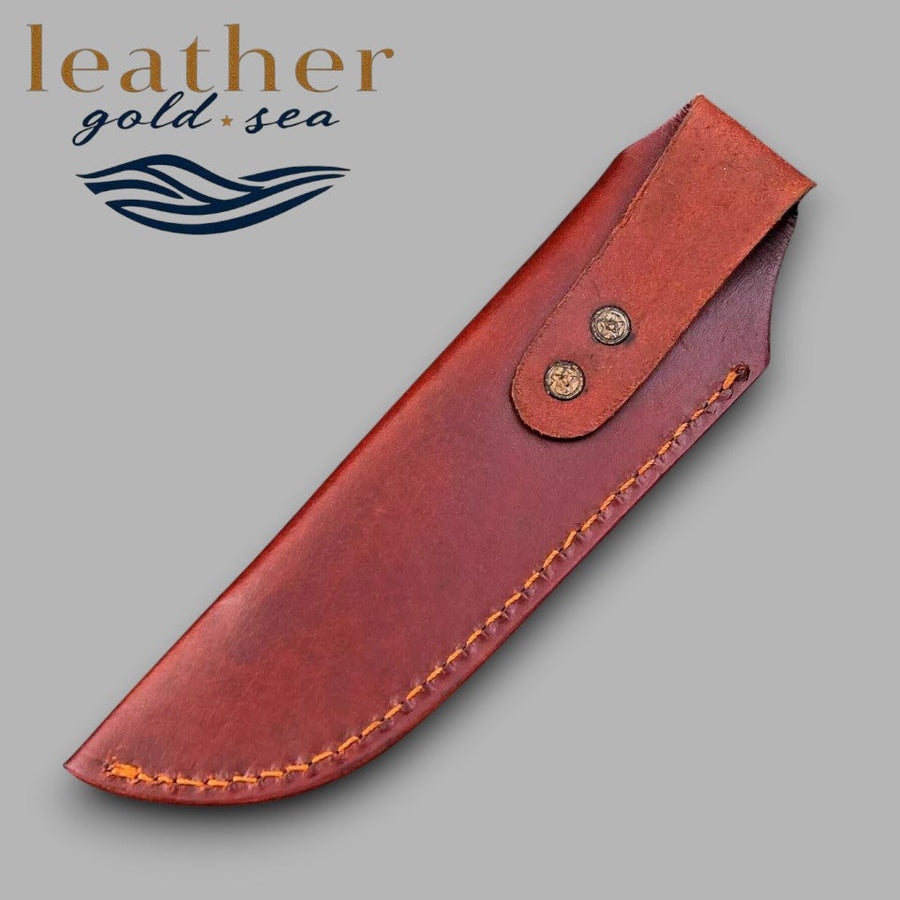 Brown leather knife sheath showing two-snap rear strap