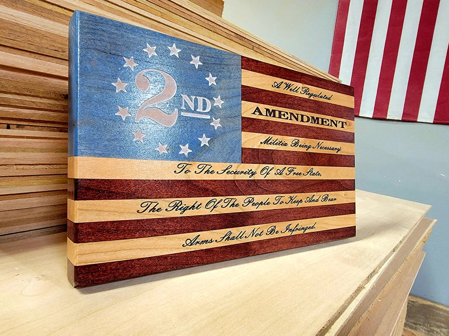 2A wooden desktop flag with Second Amendment lettering