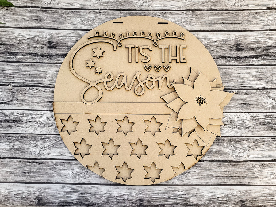 Unfinished Tis the Season round door hanger with poinsettia details