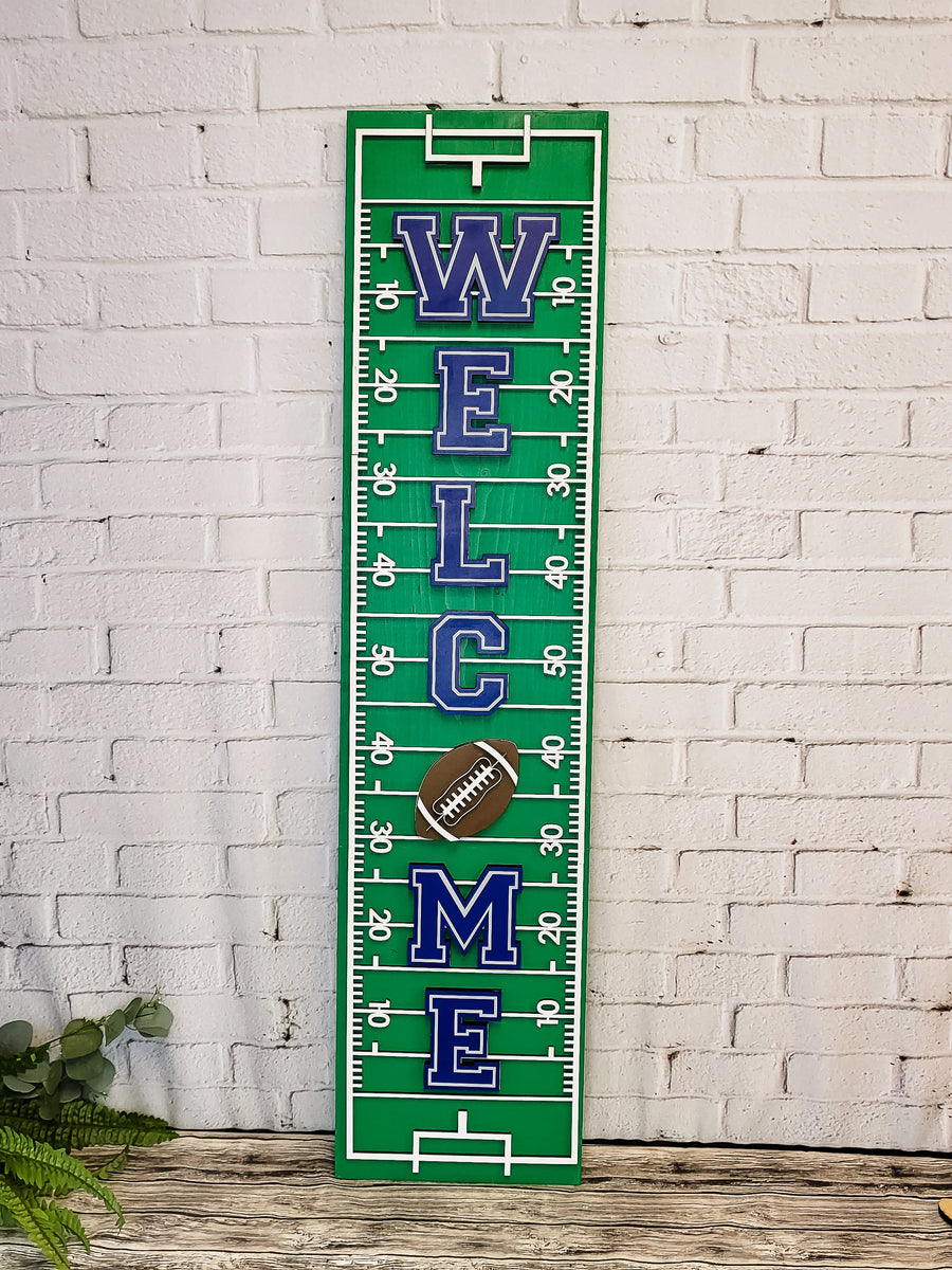 Painted football-field Welcome porch leaner example against brick