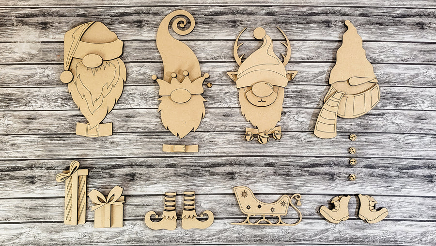 Unfinished Santa, elf, reindeer and snowman gnome accent set with Christmas wording