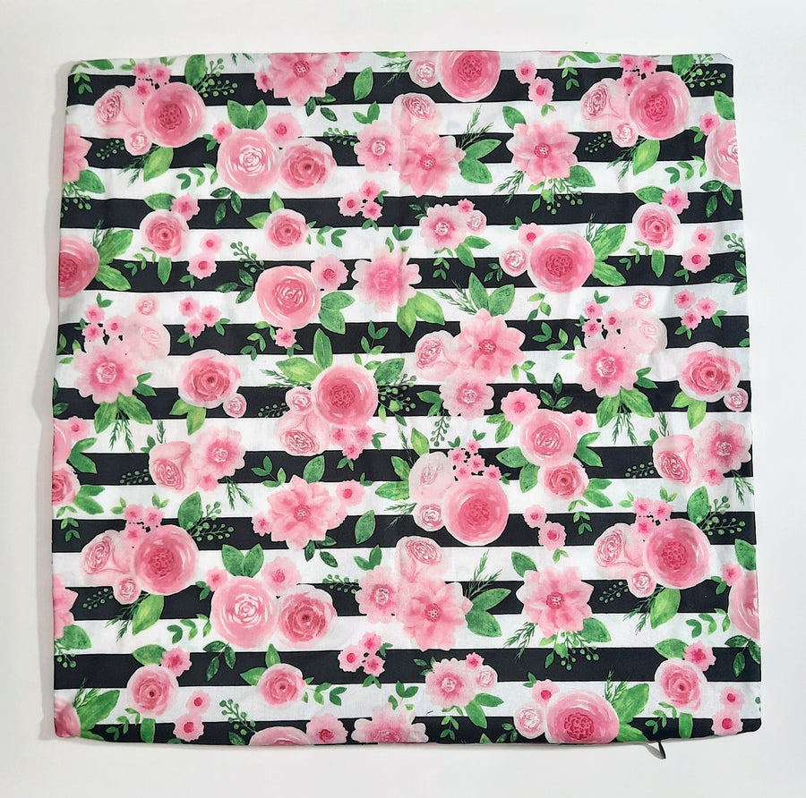 Pink Roses & Black Stripes Pillow Cover, flat patterned fabric