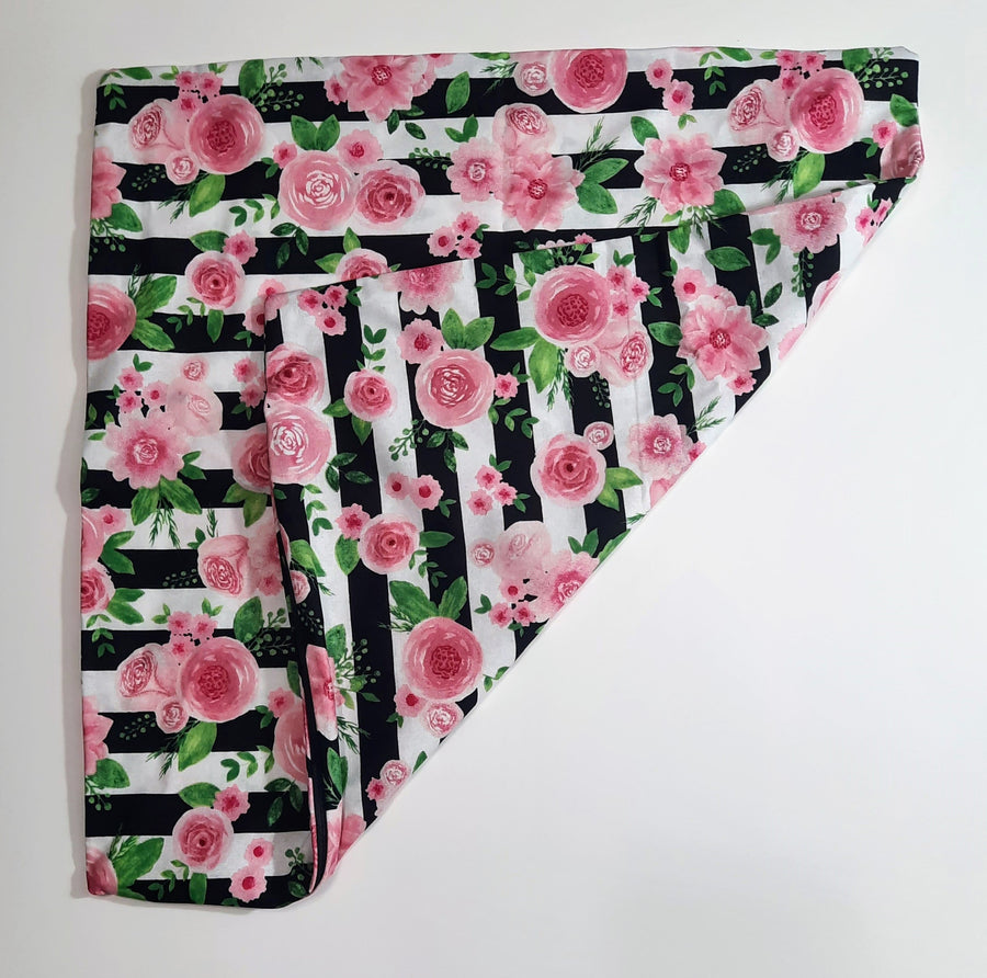 Pink Roses & Black Stripes Pillow Cover, folded cover showing reverse or opening