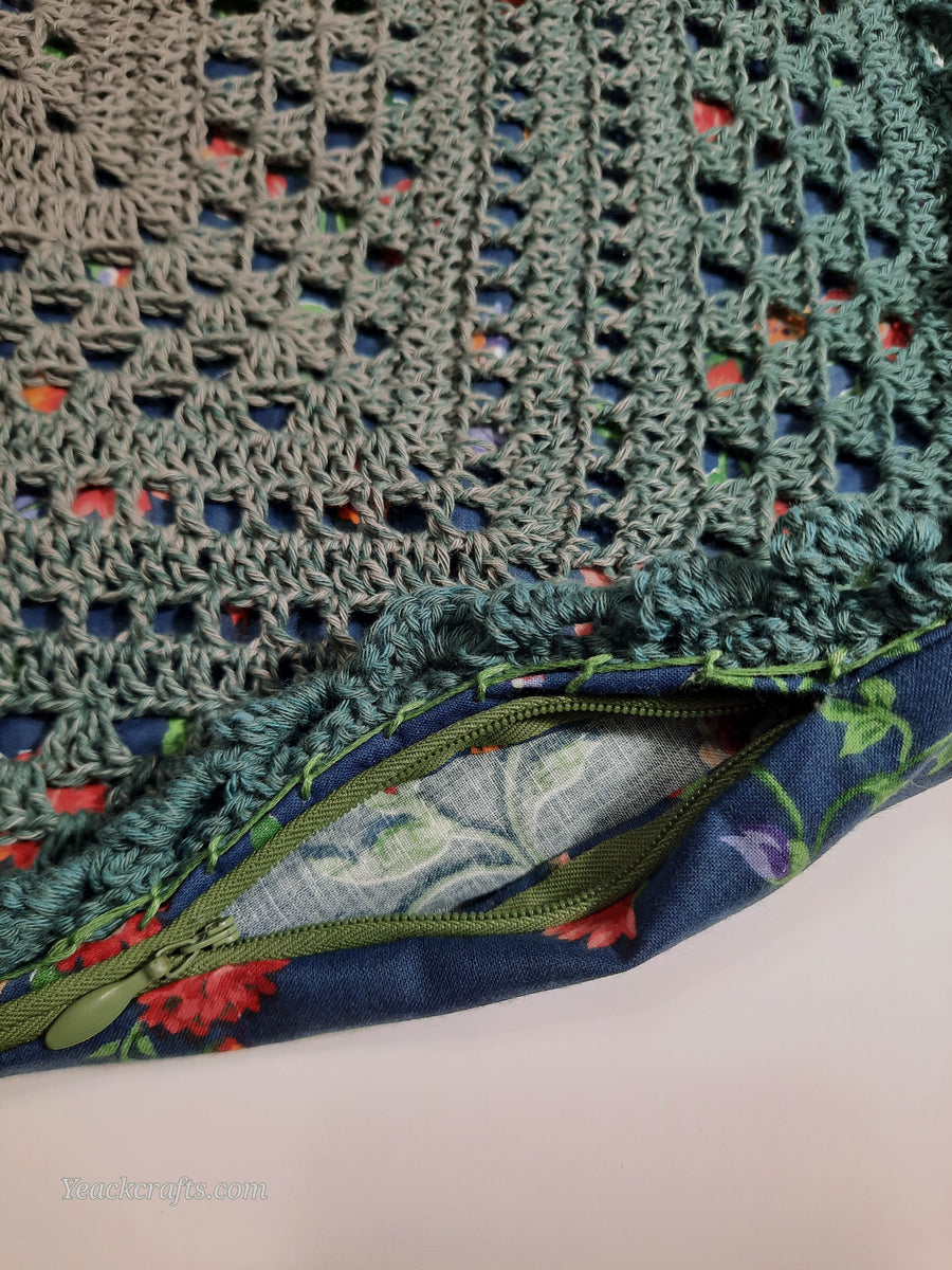 Green Gradient Crochet Pillow Cover, close-up of crochet, fabric and opening