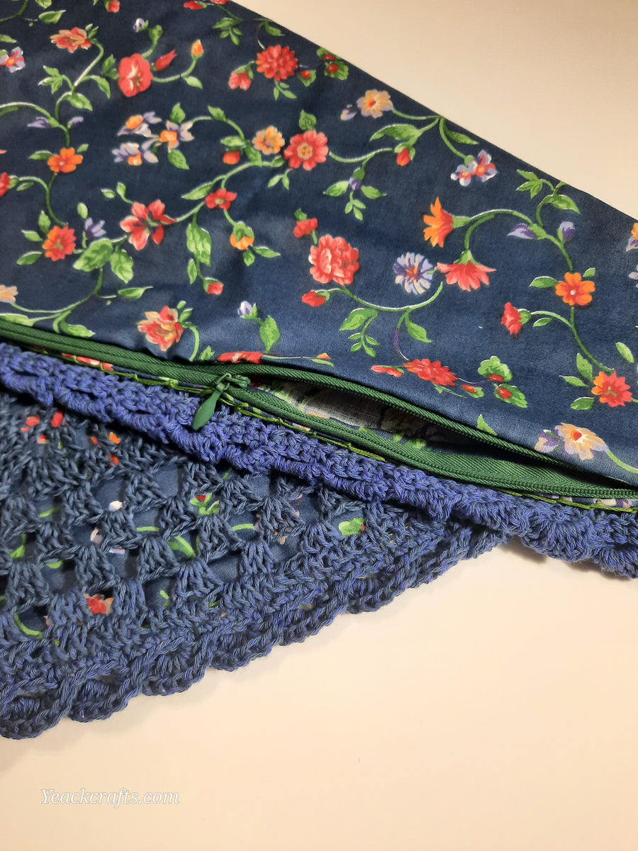 Blue & Violet Crochet Pillow Cover, close-up of crochet, fabric and opening