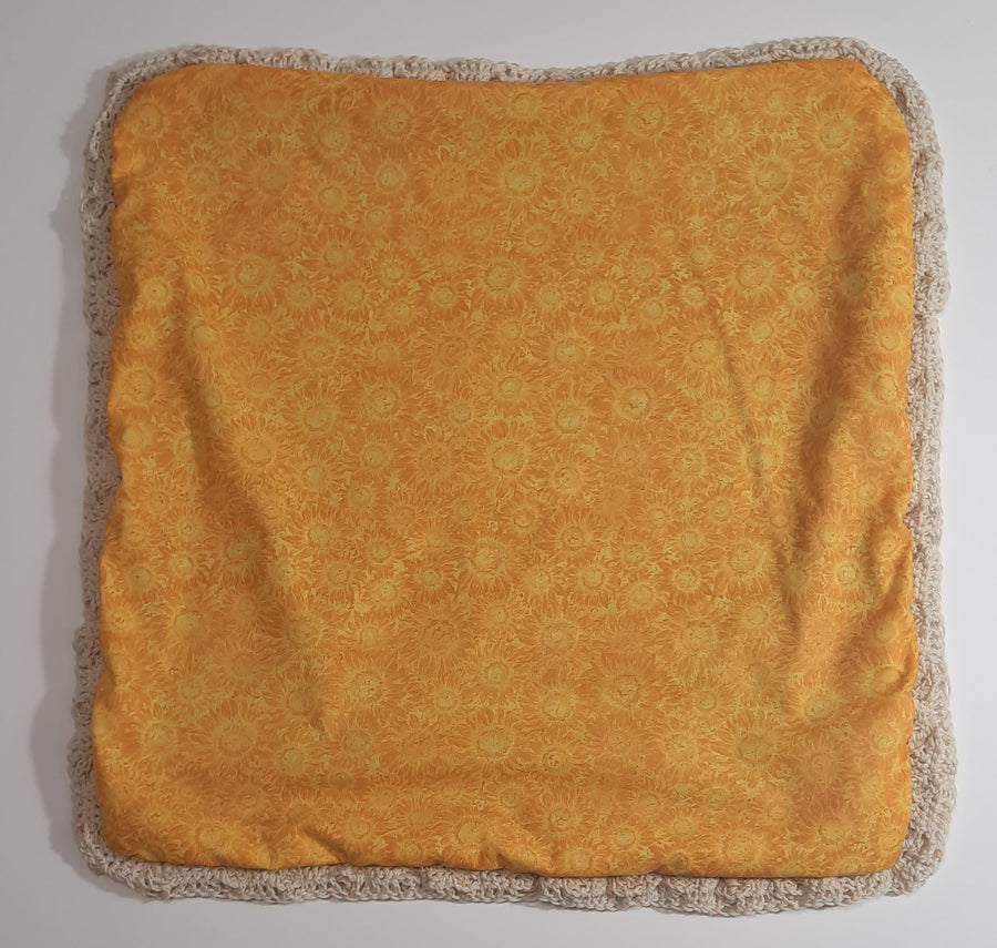 Brown & Yellow Crochet Pillow Cover, yellow fabric reverse shown in the photograph
