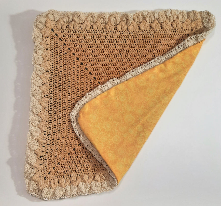 Brown & Yellow Crochet Pillow Cover, opened cover showing lining and zipper