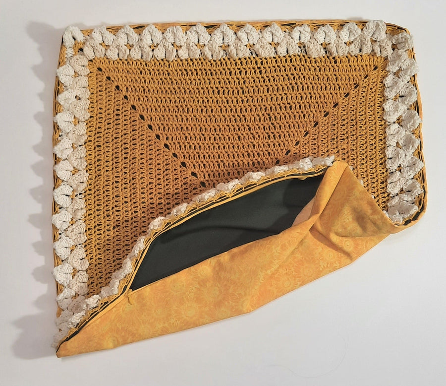 Golden Yellow Crochet Pillow Cover, opened cover showing lining and zipper