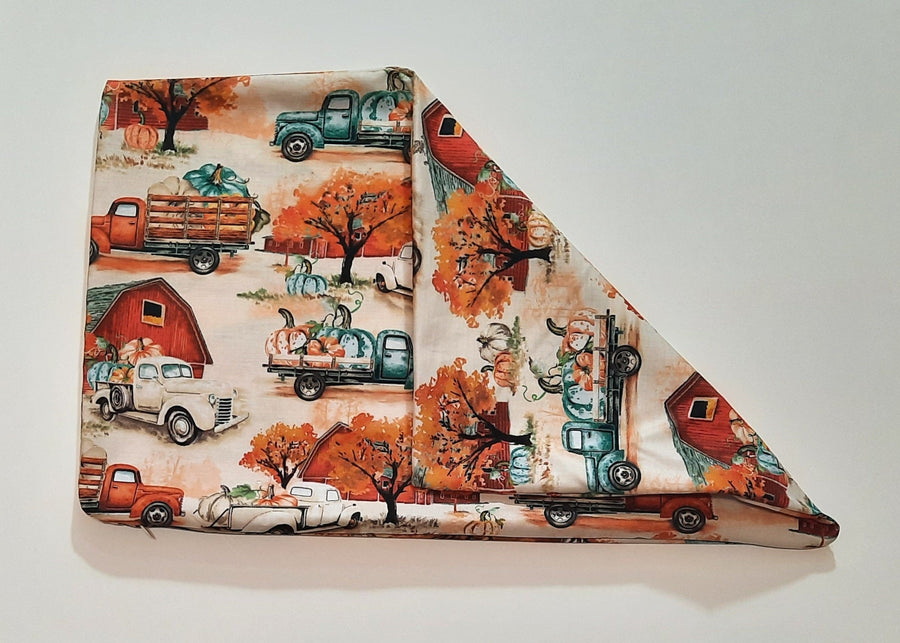 Autumn Barn & Truck Travel Pillow Cover, folded cover showing reverse or opening