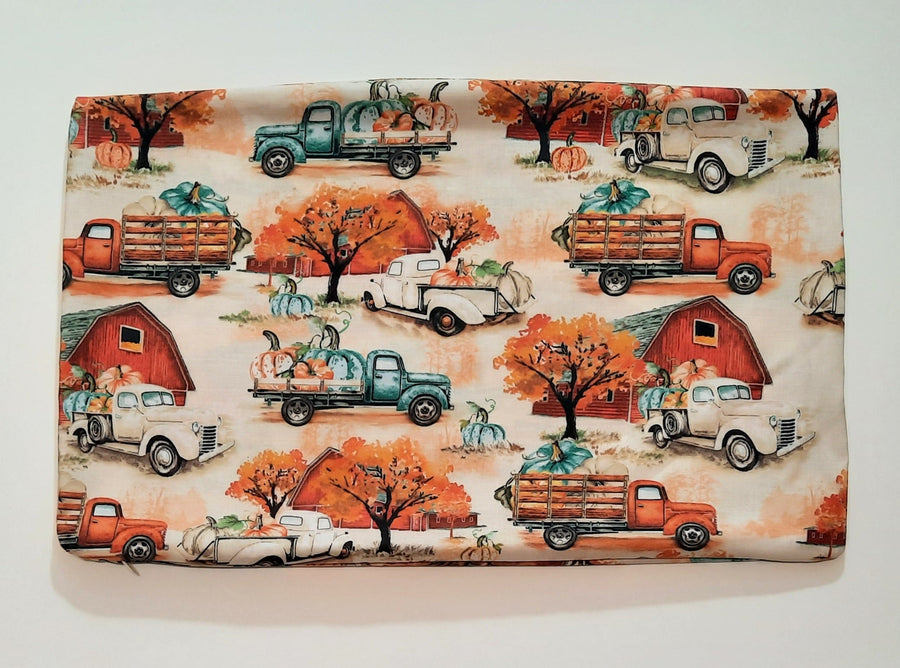 Autumn Barn & Truck Travel Pillow Cover, flat patterned fabric