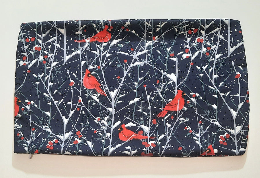 Winter Cardinal Travel Pillow Cover, flat patterned fabric