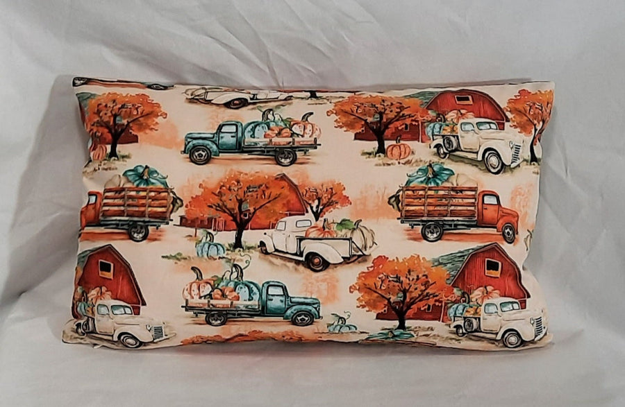 Autumn Barn & Truck Travel Pillow Cover, filled cover showing the patterned front