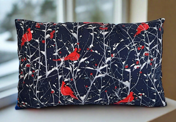 Winter Cardinal Travel Pillow Cover, filled cover showing the patterned front