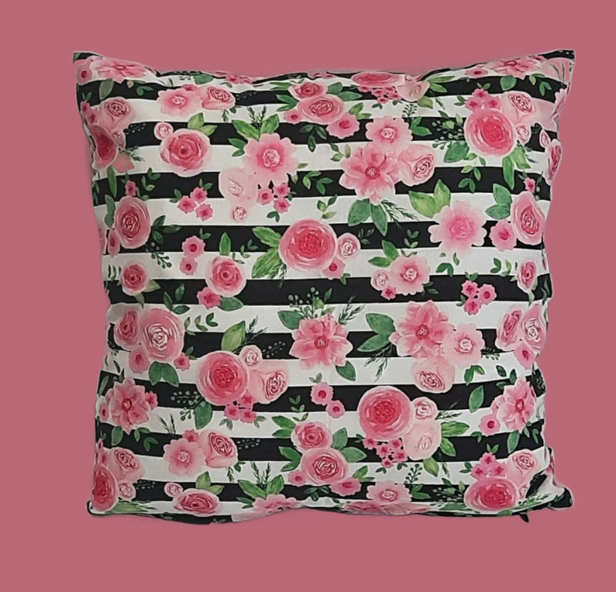 Pink Roses & Black Stripes Pillow Cover, filled cover showing the patterned front