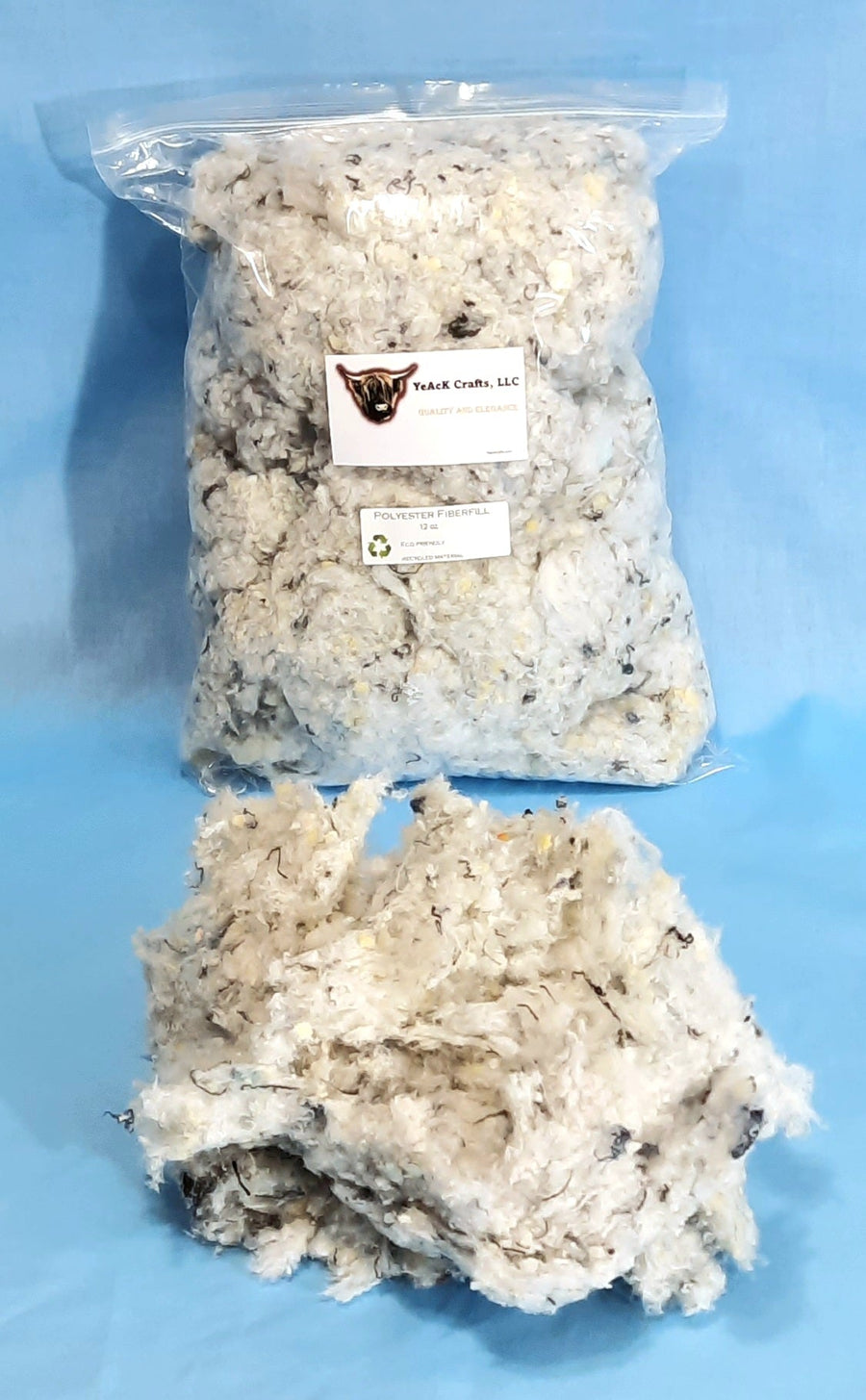 Recycled Fiber & Foam Mix Stuffing, packaged craft filling with loose fibers shown