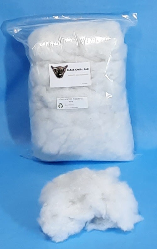 Recycled Polyester Fiberfill, packaged craft filling with loose fibers shown