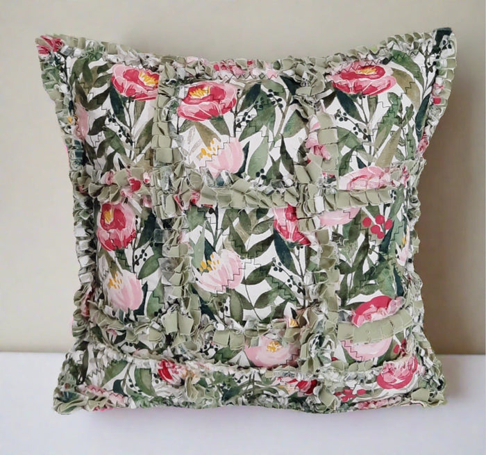 Pink & Green Floral Rag Quilt Pillow Cover, filled floral rag-quilt cover