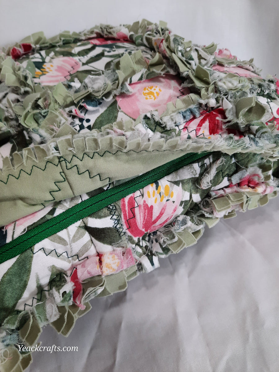 Pink & Green Floral Rag Quilt Pillow Cover, close-up of rag-quilt seams and opening