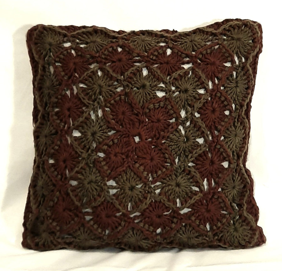 Brown & Green Crochet Pillow Cover, filled brown-and-green crochet front