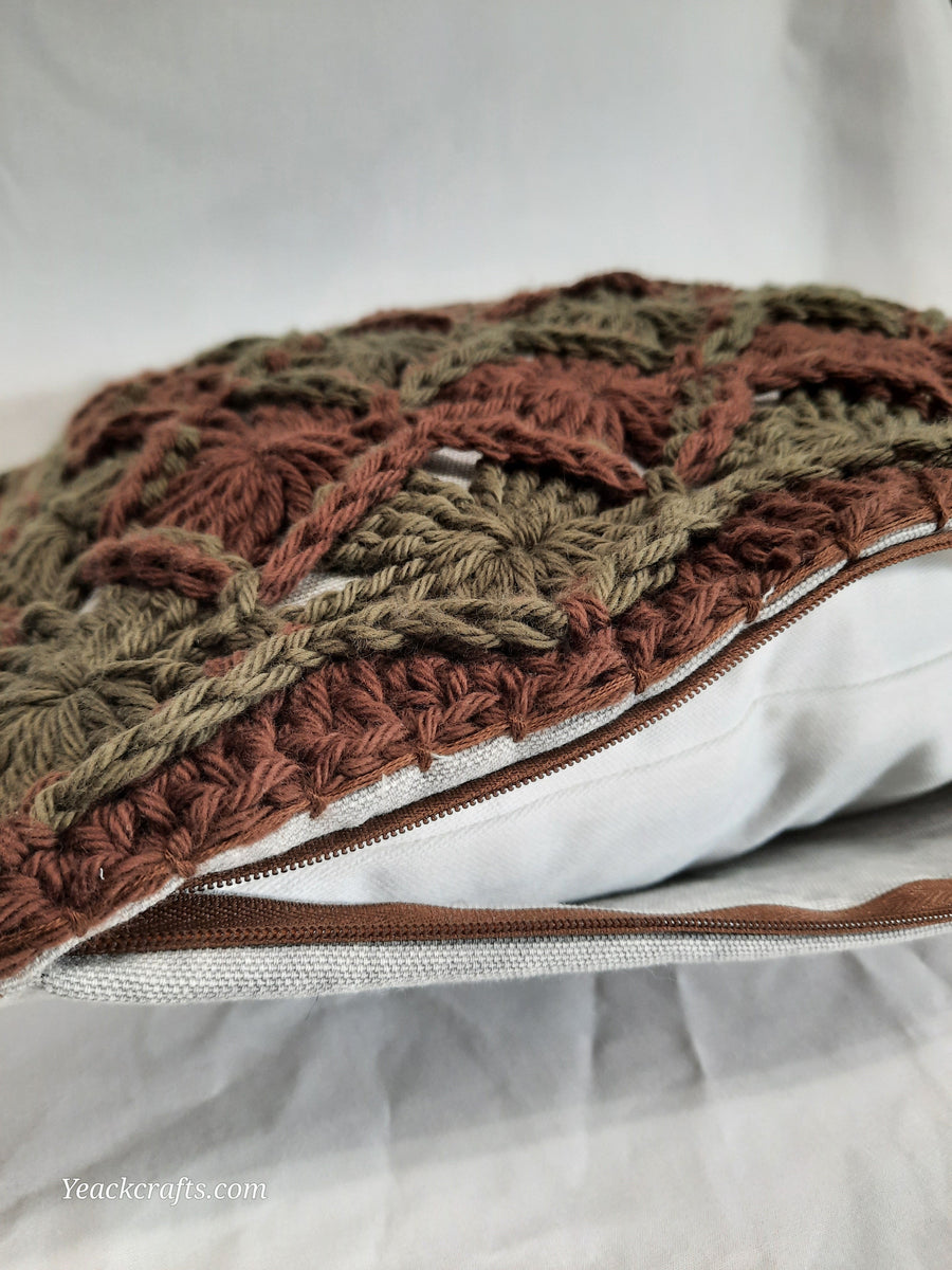 Brown & Green Crochet Pillow Cover, close-up of zipper and fabric backing