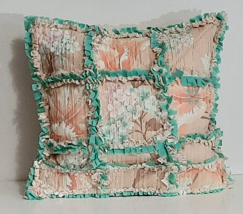 Peach Floral Rag Quilt Pillow Cover, filled floral rag-quilt cover