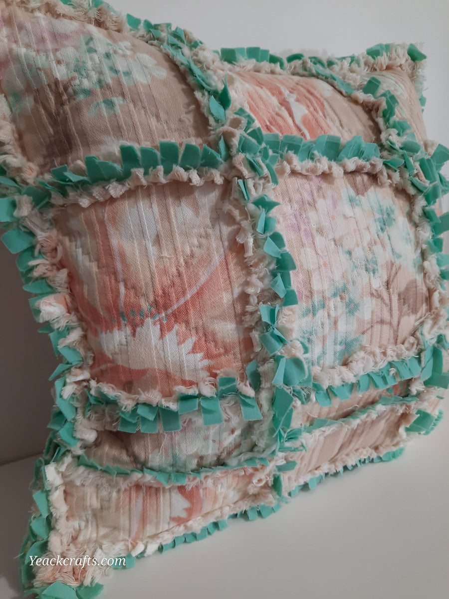 Peach Floral Rag Quilt Pillow Cover, close-up of rag-quilt seams and opening