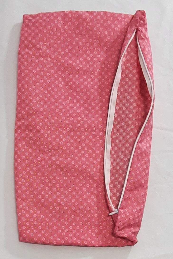 Pink Floral Gold Dot Travel Pillow Cover, close-up of the zippered opening