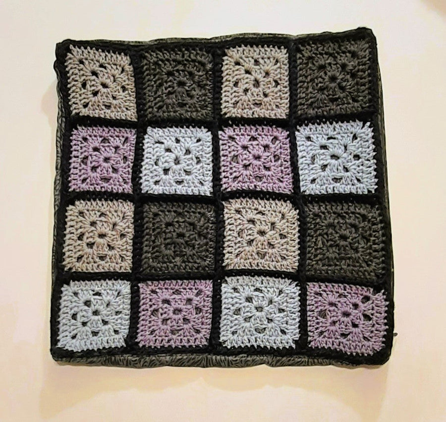 Multicolor Grey Crochet Pillow Cover, flat crochet-square front