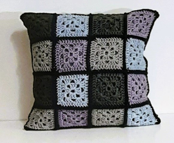 Multicolor Grey Crochet Pillow Cover, filled multicolor crochet-square front