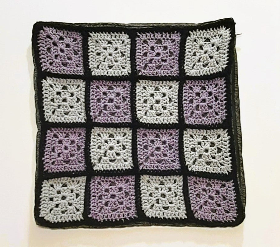 Lilac & Grey Crochet Pillow Cover, flat crochet-square front