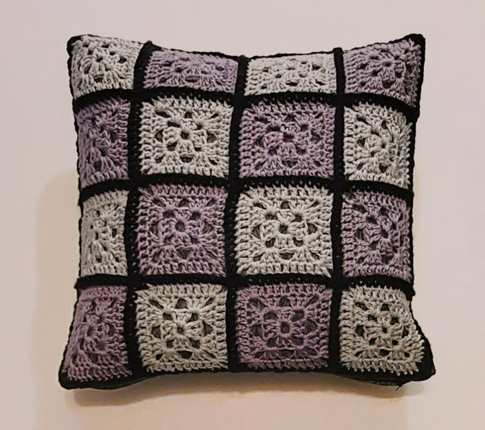 Lilac & Grey Crochet Pillow Cover, filled lilac-and-grey crochet front