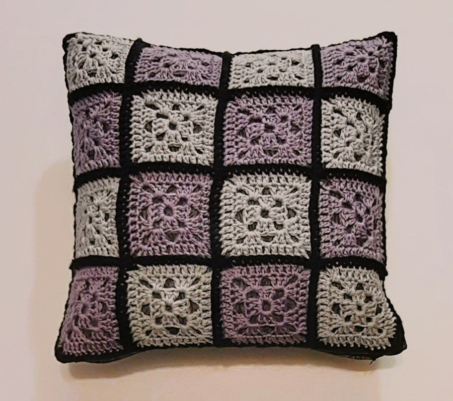 Lilac & Grey Crochet Pillow Cover, filled lilac-and-grey crochet front