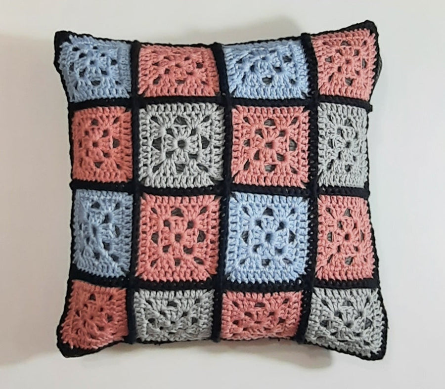 Pink Blue & Grey Crochet Pillow Cover, filled crochet-square front