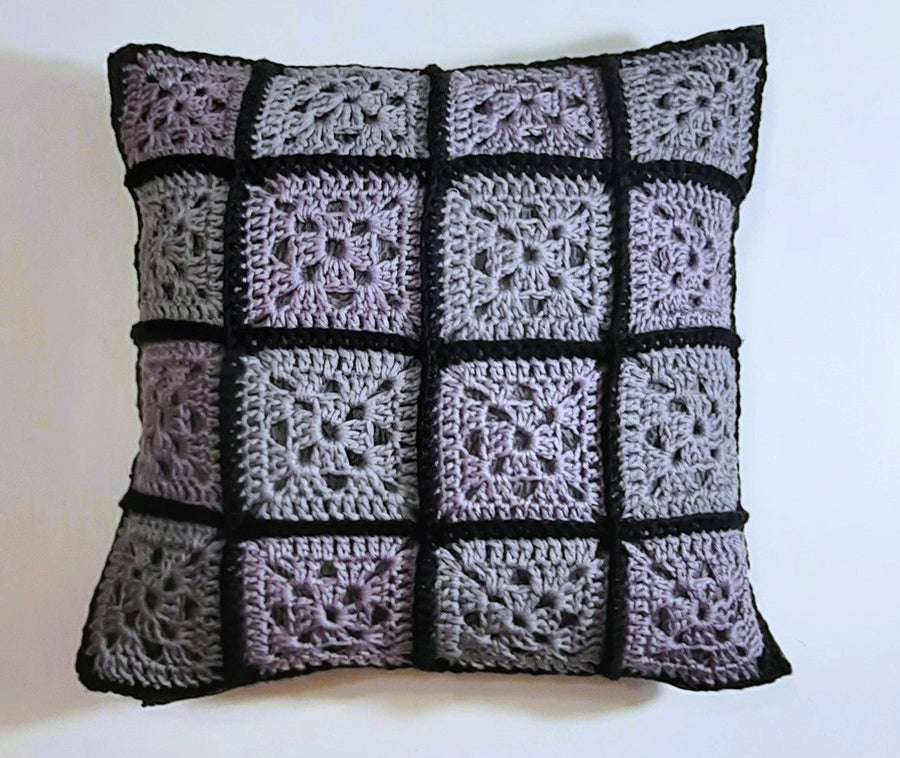 Grey & Purple Crochet Pillow Cover, filled grey-and-purple crochet front