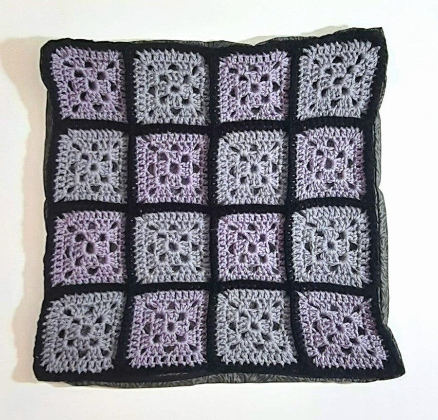 Grey & Purple Crochet Pillow Cover, flat crochet front