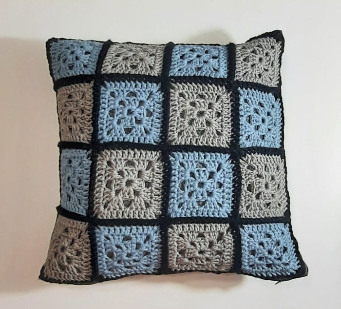 Blue & Grey Crochet Squares Pillow Cover, filled crochet-square front
