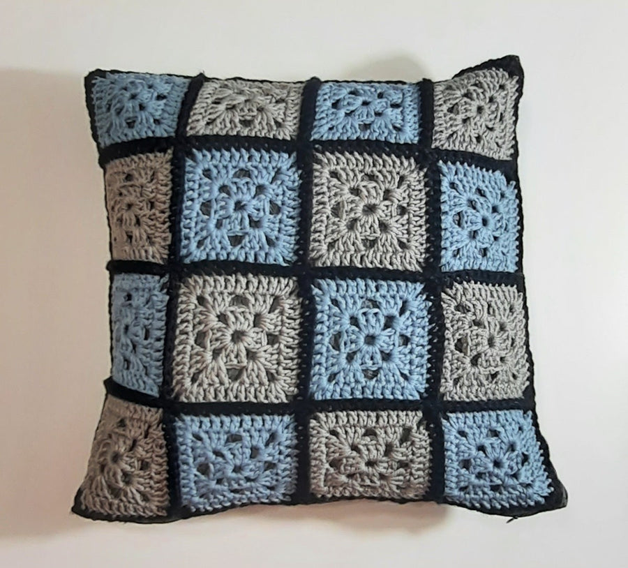 Blue & Grey Crochet Squares Pillow Cover, filled crochet-square front