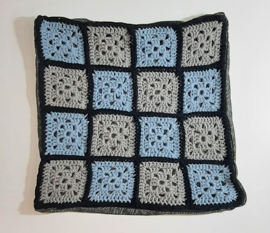 Blue & Grey Crochet Squares Pillow Cover, flat crochet-square panel