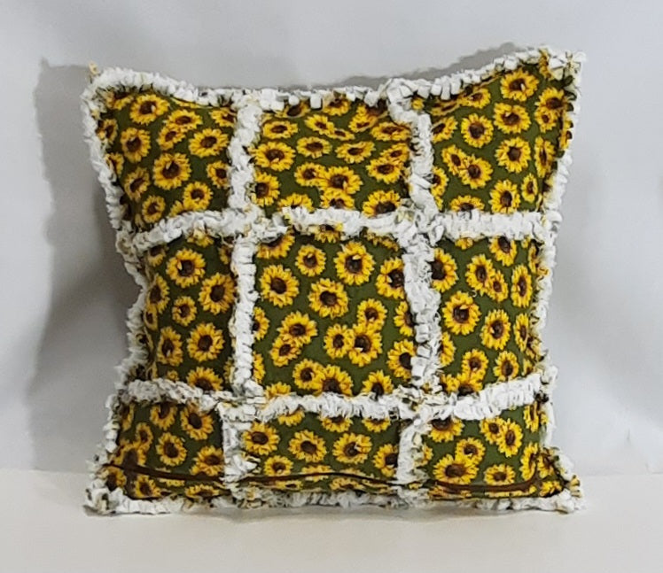 Yellow Sunflower Rag Quilt Pillow Cover, second view of the sunflower front