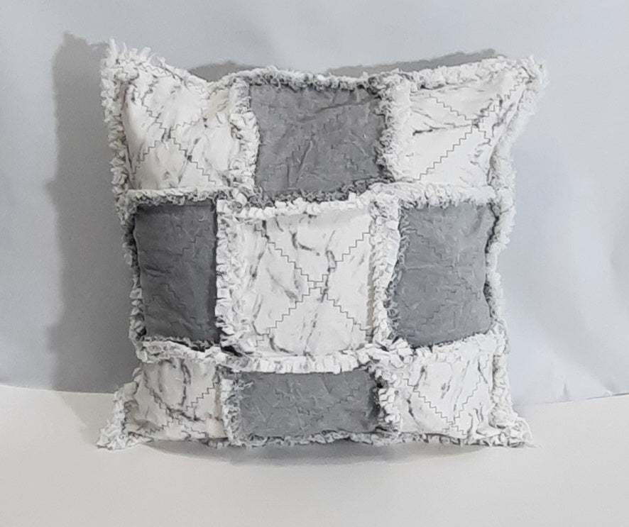 Grey Cotton Rag Quilt Pillow Cover, filled grey rag-quilt cover