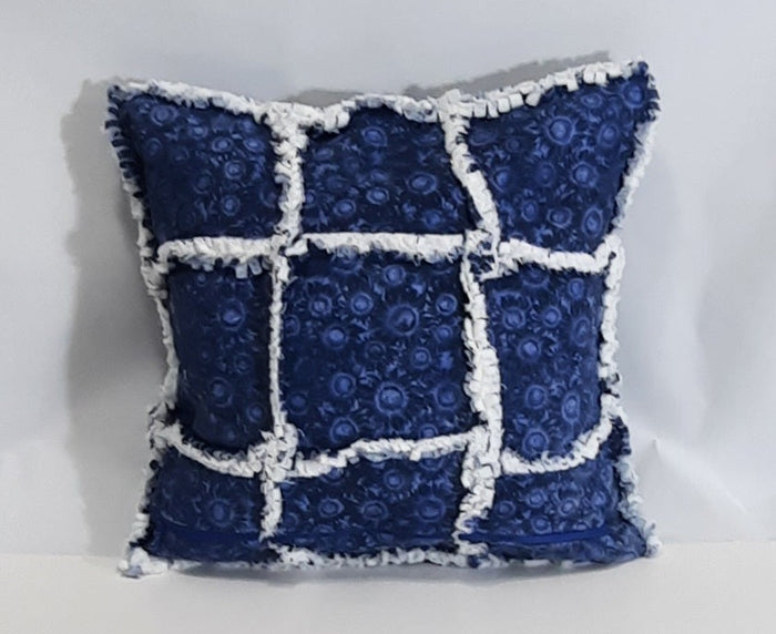 Blue Sunflower Rag Quilt Pillow Cover, filled cover with rag-quilt front
