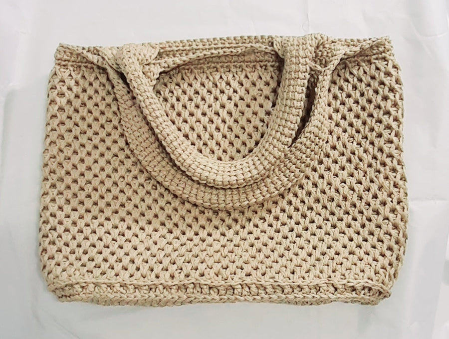 Beige Crochet Shopping Tote, bag laid flat with its handles