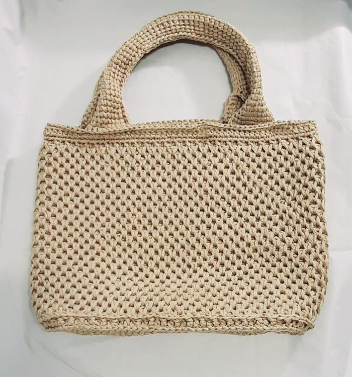 Beige Crochet Shopping Tote, upright crocheted shopping bag